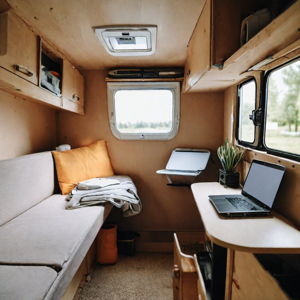 Arbeitsplatz in einem Wohnmobil - ein Tisch, ein Laptop und ein Seitenfenster, um hinaus zu schauen