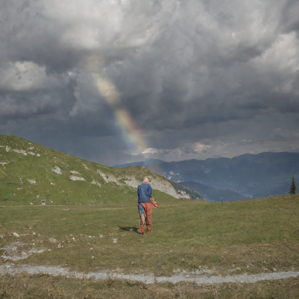 Ein Mensch mit bunten Hosen auf einer Bergwiese, ein Regenbogen bricht durch die Wolken