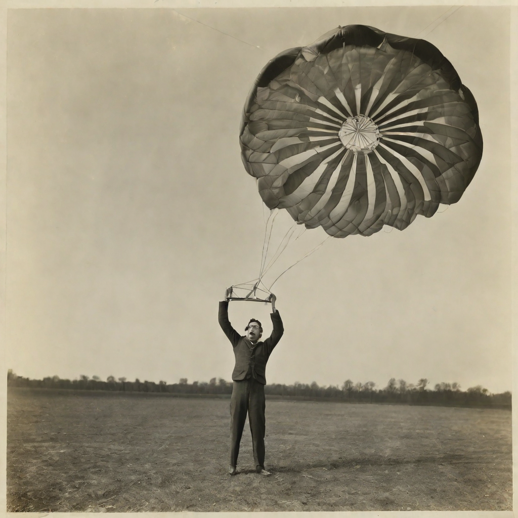 Ein Mann, der eine Maschine hält, aus der ein Fallschirm sich entfaltet