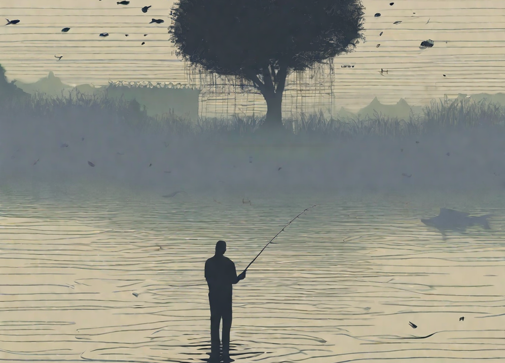 Zeichnung eines Fischers im Wasser, über ihm ein Baum und fliegende Fische