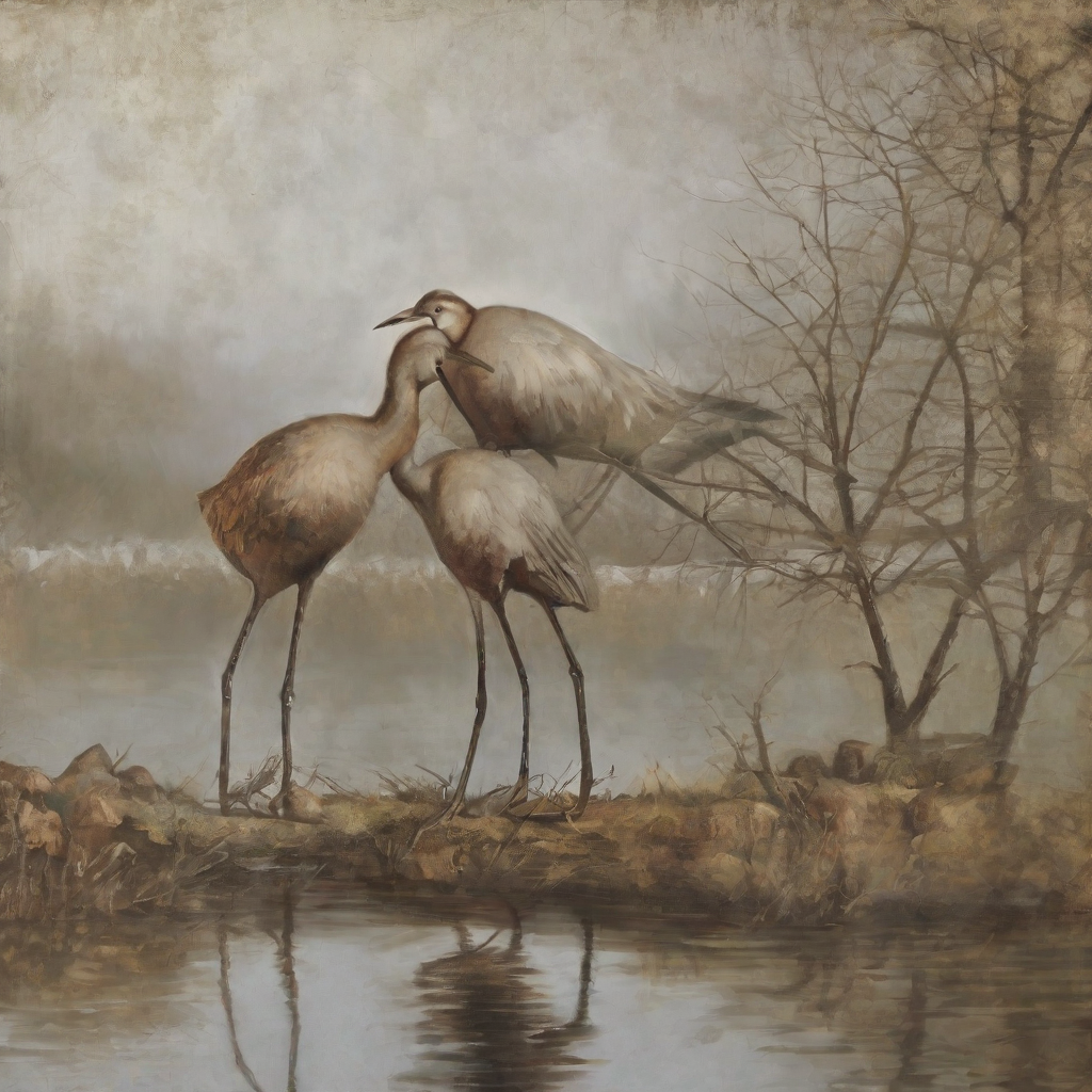 Drei Vögel in einem Sumpfgebiet, im Hintergrund ein See, Nebel und ein blattloser Baum