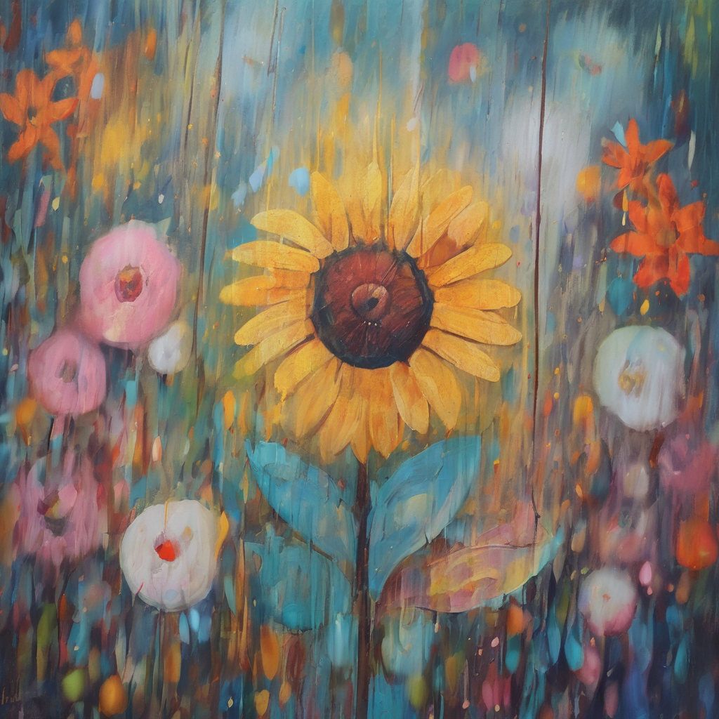 Ein Gemälde mit einer Sonnenblume und anderen Blumen, die nach oben hin verwischen
