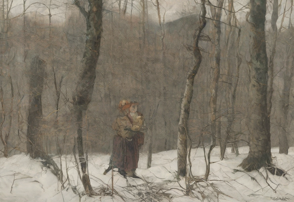 Eine Frau, die ein kleines Baby durch einen Winterwald trägt