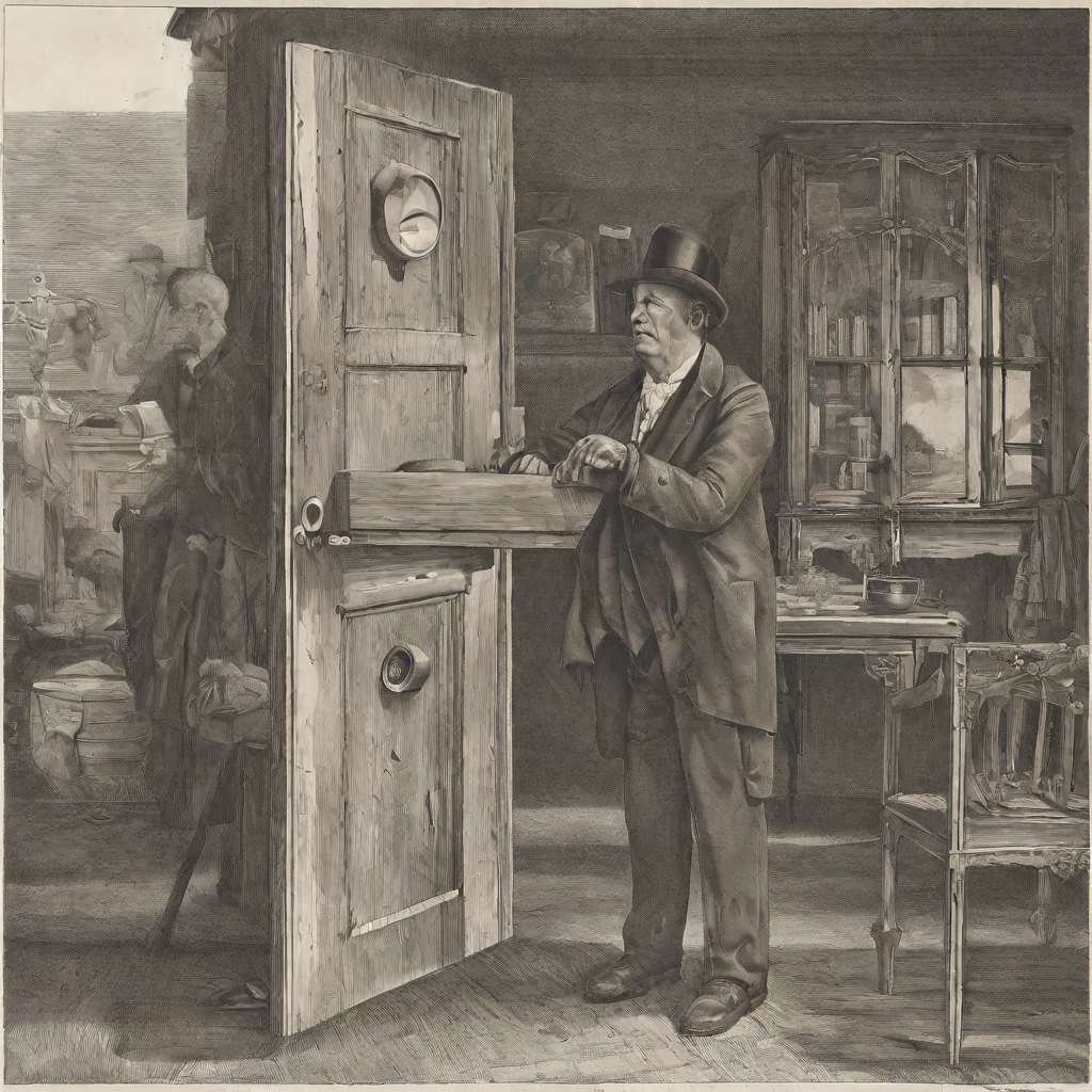 Zeichnung: Ein Mann steht an einer Tür, dahinter ist schemenhaft eine andere Figur angedeutet