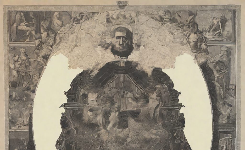 Zeichnung eines männlichen Kopfes, eingerahmt von Mustern, die an eine alte Karte erinnern